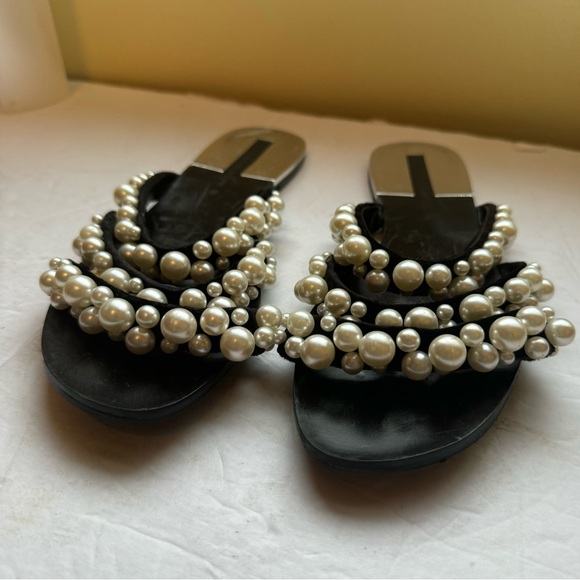 Zara Pearl Embellished Straps Flat Sandals Flats Faux Leather Slides Mules Shoes - Picture 5 of 16